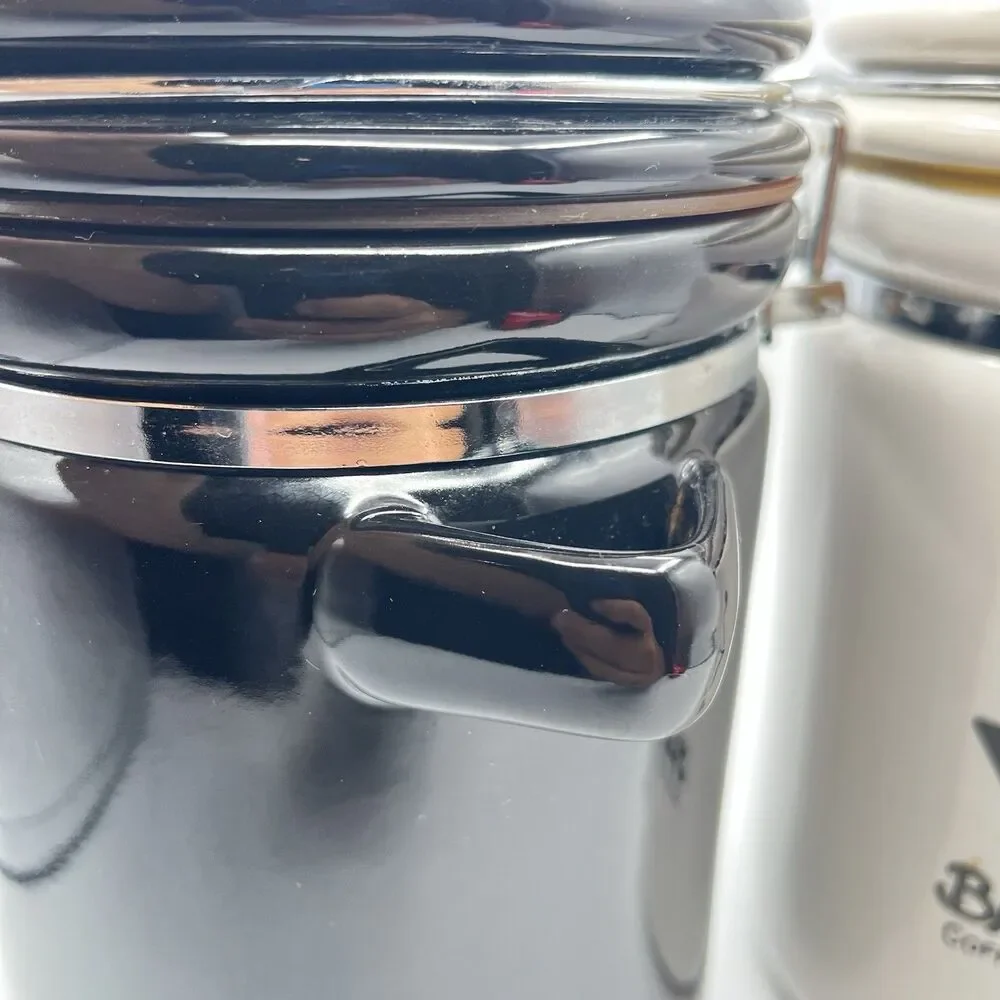 Barnie's Coffee & Tea Co. White Black Ceramic Canister Jar Set Of 2 - No Spoons